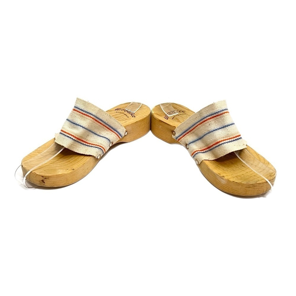 Vintage 1960s striped canvas open toe wooden sandals - Picture 5 of 8